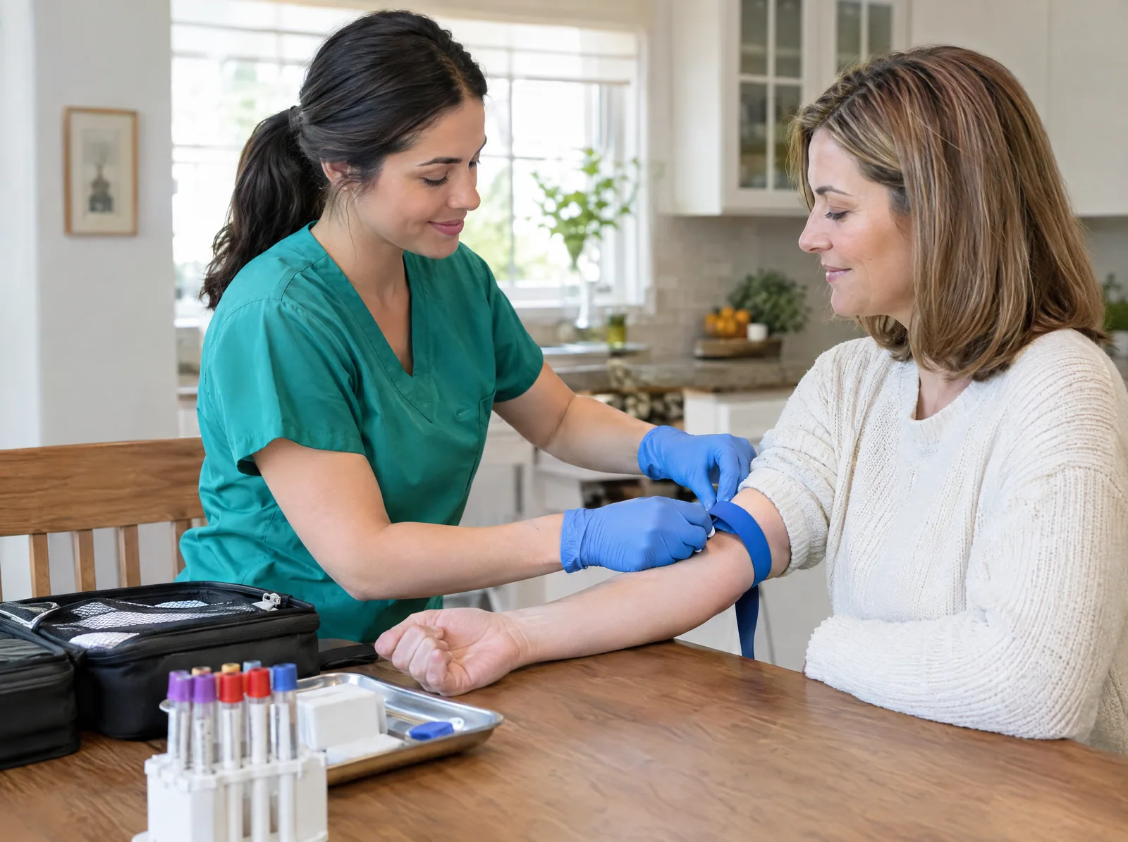 Phlebotomist preparing a blood draw at a patient's home in Dubai