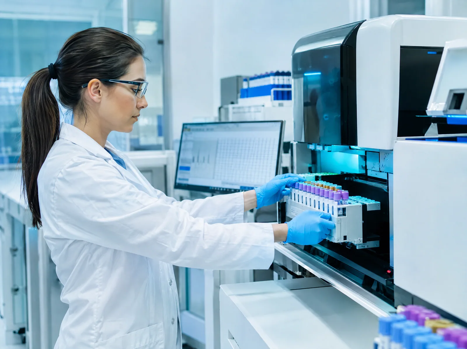 Laboratory scientist loading blood samples into a DNA sequencing analyser