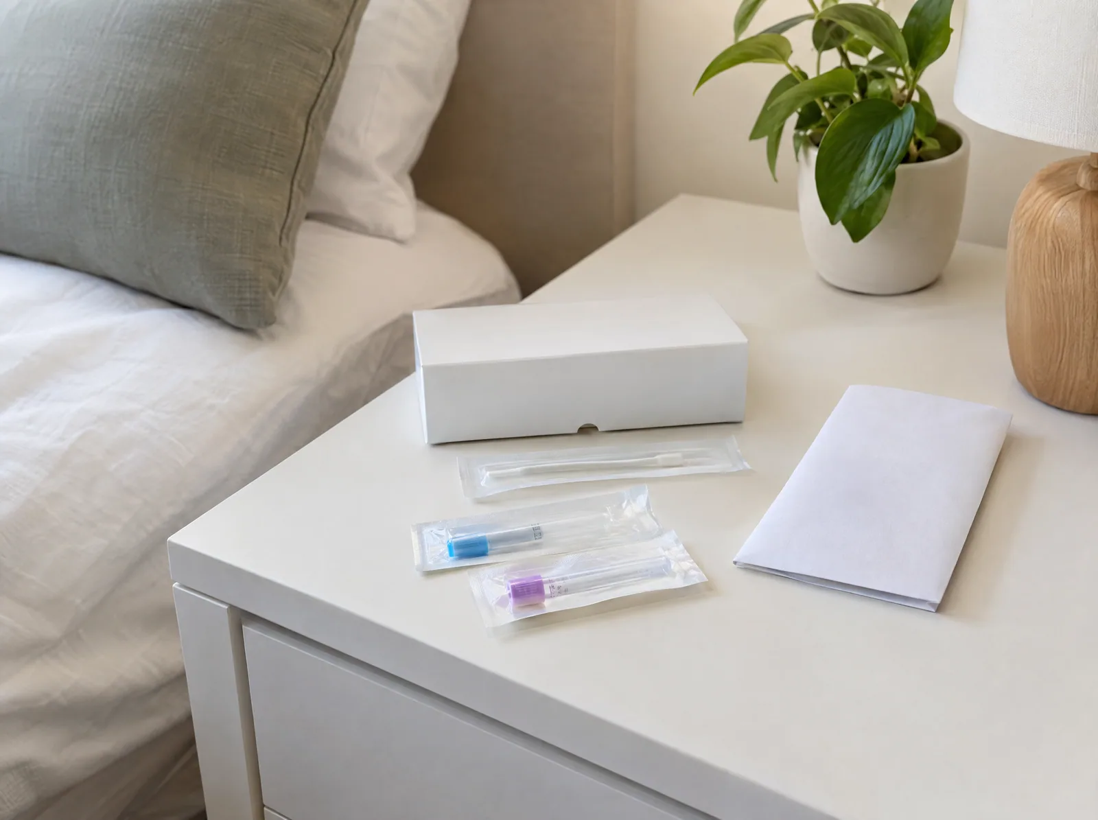 Discreet at-home STD test kit on a bedside table